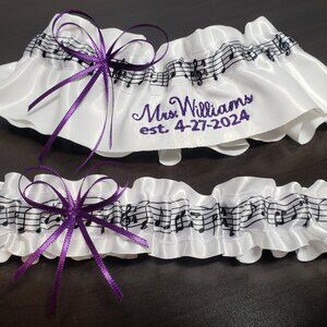 Music Notes Name and Date wedding garters pick your colors
